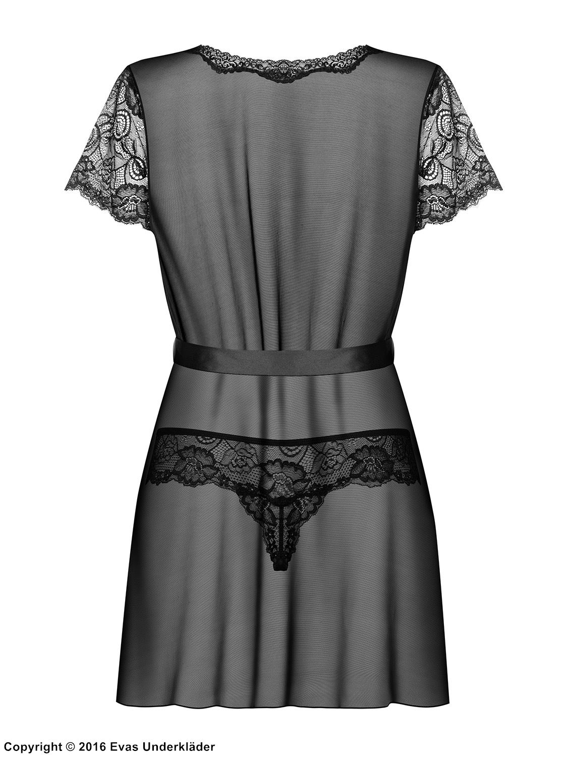 Romantic robe, floral lace, short sleeves, mesh inlay
